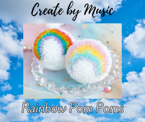 Two white pom poms with rainbows against a sky background.