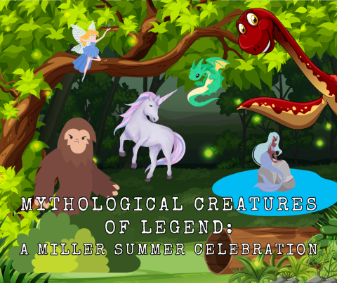 Green forest background with bigfoot, a fairy, a unicorn, a dragon, a mermaid sitting on a rock in a pond, and Nessie the Loch Ness Monster saying hi. 