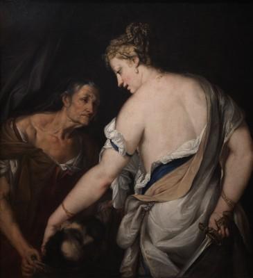 17th century painting showing the back of a women draped in robes and another woman