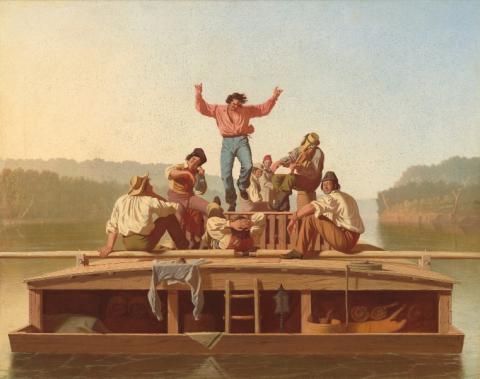 four men are sitting on the roof of a flat river boat- pastel hues