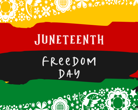Yellow red black and green background that says Juneteenth Freedom Day