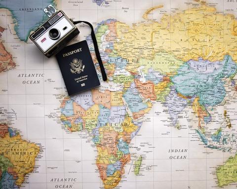 passport, camera and map