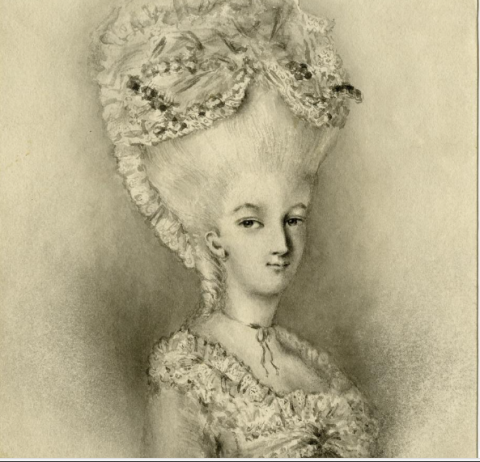a grey and white pencil sketch of a lady with her hair piled high on her head