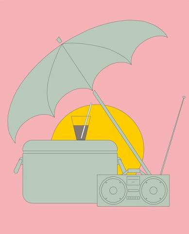 illustration of a beach umbrella, cooler and stereo