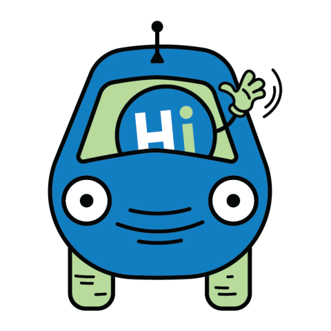 Blue and green cartoon bus with a smiling face at the front