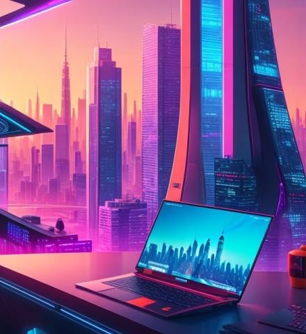 laptop in front of window with AI generated skyline