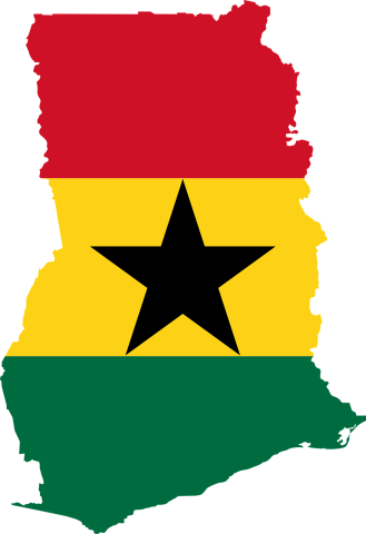 outline of Ghana in colors of the flag, red, yellow (with black star) and green