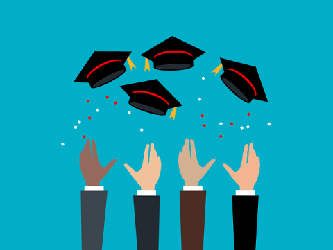 graphic of hands tossing graduation caps into the air 