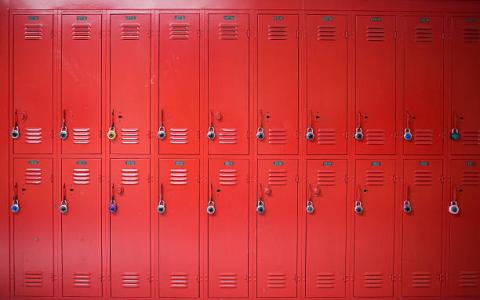 line of red lockers