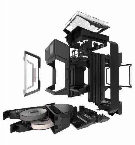 an exploded image of a makerbot method X 3D printer - every piece of the machine is open and visible