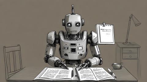 An illustration of a robot seated at a desk with papers in front of it