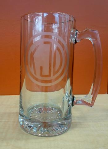 Glass Mug with Monogram etched into surface: "KJD"