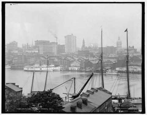 View of Baltimore MD from Federal Hill including harbor; LOC Public Domain Image Collection