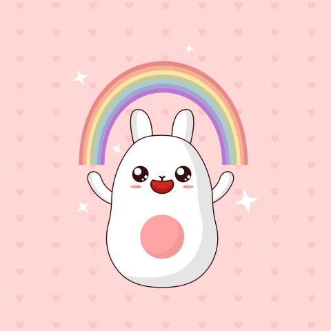 white cartoon bunny with rainbow on pink background