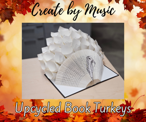 Here's some alternative text for your picture:  "A creative turkey centerpiece crafted from an upcycled book, surrounded by colorful autumn leaves. The warm fall background enhances the rustic charm of the display.