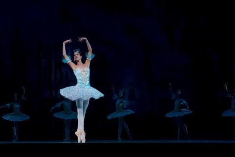 Female ballet dancer on stage in a light blue tutu. Her arms are overhead, and she is standing on her toes in pointe shoes. The corps de ballet dancers are posed in the background