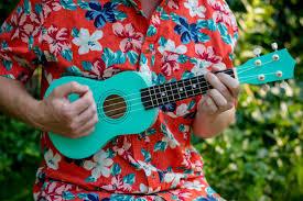 person with hawaiian shirt holding turquoise ukulele