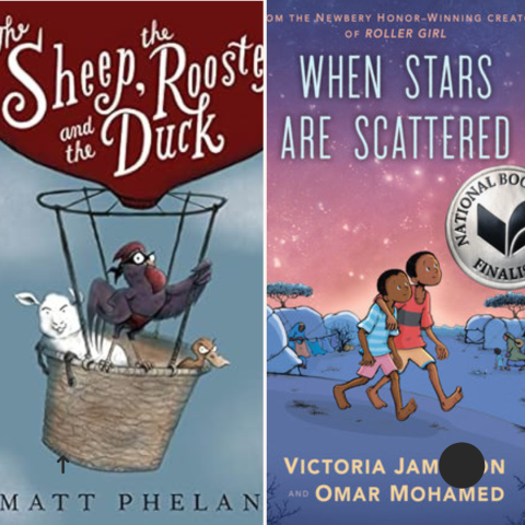Two Book Covers. One depicting a sheep, a rooster and duck in a hot air balloon and the other showing two children walking at night.