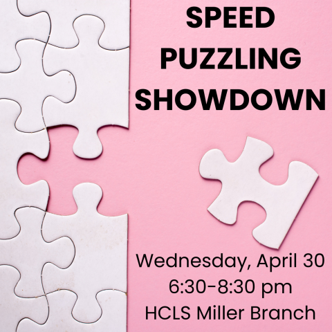 Pink background with white puzzle pieces with title, date, time, and place