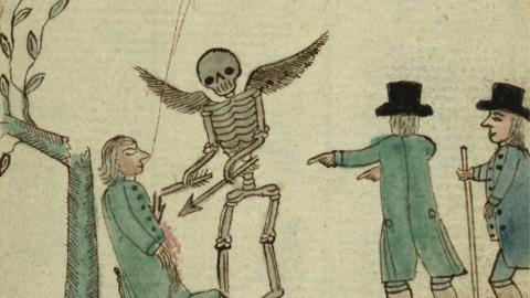 grey bacground with the setch of a skeleton poking a man with an arrow