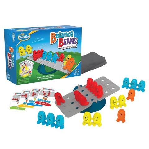 Math game featuring a wide seesaw balance on which variously-sized colorful pieces can be arranged to find a balance