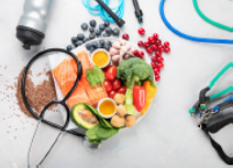 Fresh Fruit and stethoscope in the shape of a heart
