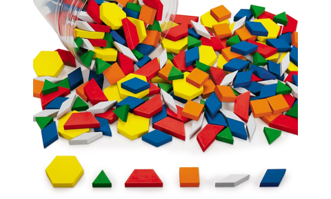 Colorful wooden blocks in a variety of flat geometric shapes like triangle, hexagon, and diamond