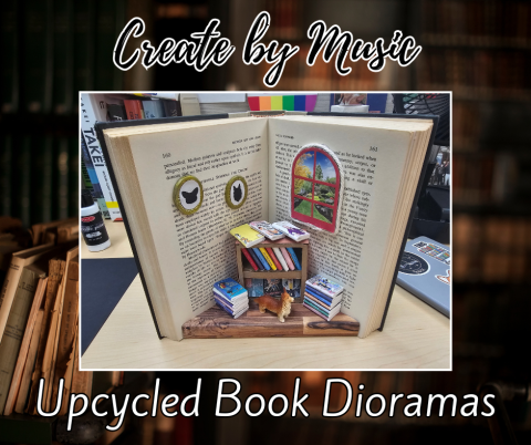 A book transformed into a miniature diorama with a tiny bookshelf, dog figurine, and window scene, labeled “Upcycled Book Dioramas.”