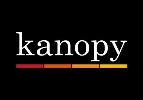 The image shows the logo of Kanopy, a streaming service. The word "kanopy" is written in lowercase white letters on a black background. Below the word are five horizontal bars in different colors: red, dark orange, orange, light orange, and yellow.