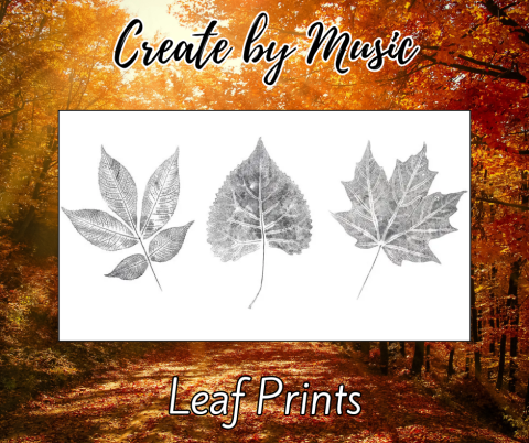 "The image shows a background of an autumn forest with trees displaying vibrant orange and yellow leaves. In the center, there is a white rectangular box containing three black and white leaf prints. The first leaf print on the left has five elongated leaflets, the middle leaf print is heart-shaped with serrated edges, and the right leaf print is a maple leaf with pointed lobes. At the top of the image, there is text that reads 'Create by Music' in a cursive font. At the bottom of the image, there is text t