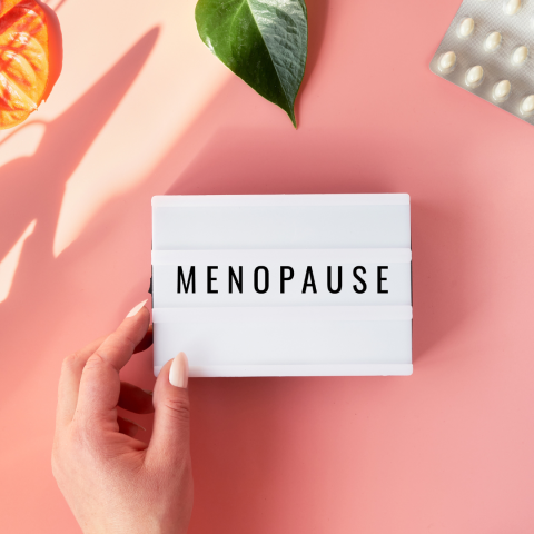 Hand holding a small sign with the word Menopause on it. A leaf, flower and supplements on top part of image. All on pink background.