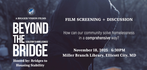 Graphic on blueish black background that mentions film Beyond the Bridge, the date and location of the event