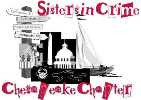 Sisters in Crime Chesapeake Chapter logo with images of monuments in DC, a sail boat, and chalk outline of a murder victim