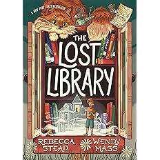 The Lost Library. An orange cat, a mouse holding a key, a mouse holding a due date card. A boy holding a book open.  A ghostly building