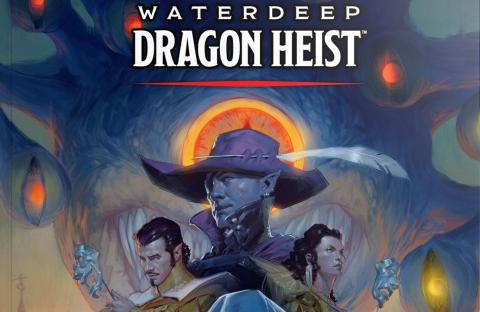 A cover page for the campaign. Top center is the module's name: Waterdeep - Dragon Heist. The scene is cast in this dark, underground blue. Three daper adventurers pose in the centre foreground. On the left, a sauve, mustacheod elf holding a tragicomedy mask. On the right, a human noblewoman with sharp earrings also holding a tragicomedy mask. In the center is dark elf with an eyepatch and a widebrimed, feathered hat. Behind the trio is the eclipsing prescence of a monstrous, many-eyed, Behholder.