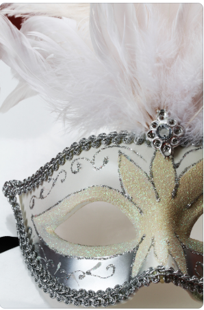 White masquerade mask with white feather