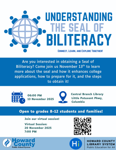 Flyer text: Learn more about the Seal of Biliteracy and how it enhances college applications, how to prepare for it and the steps to obtain it. 