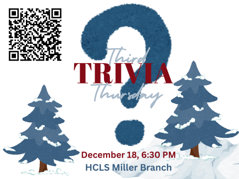 white winter background with two fir trees and large question mark in the middle that says Third Thursday Trivia and the date and location
