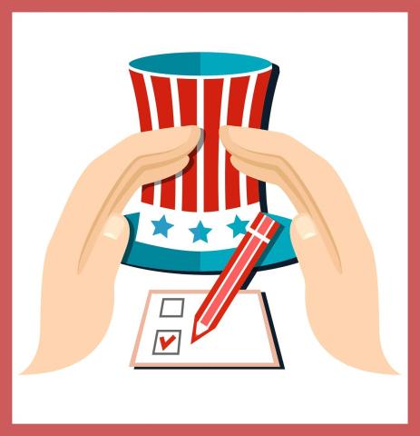 hands protecting a ballot sheet with a hat with stars and stripes in the background