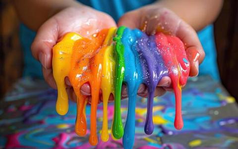 Rainbow slime dripping from a child's hands.