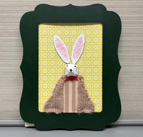 photo of egg carton bunny craft in a frame