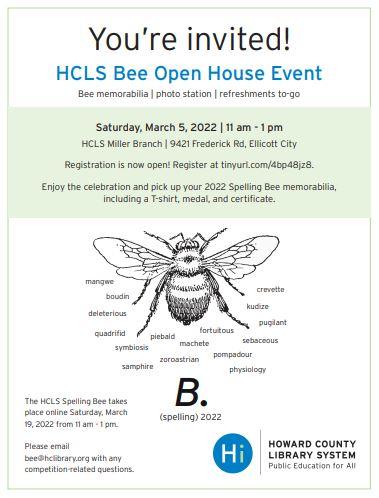 spelling bee open house March 5 invitation flyer with large bee and words