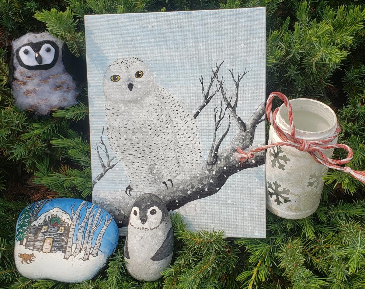 winter themed art and craft projects- painted rocks, snowflake lantern and pinecone penguin
