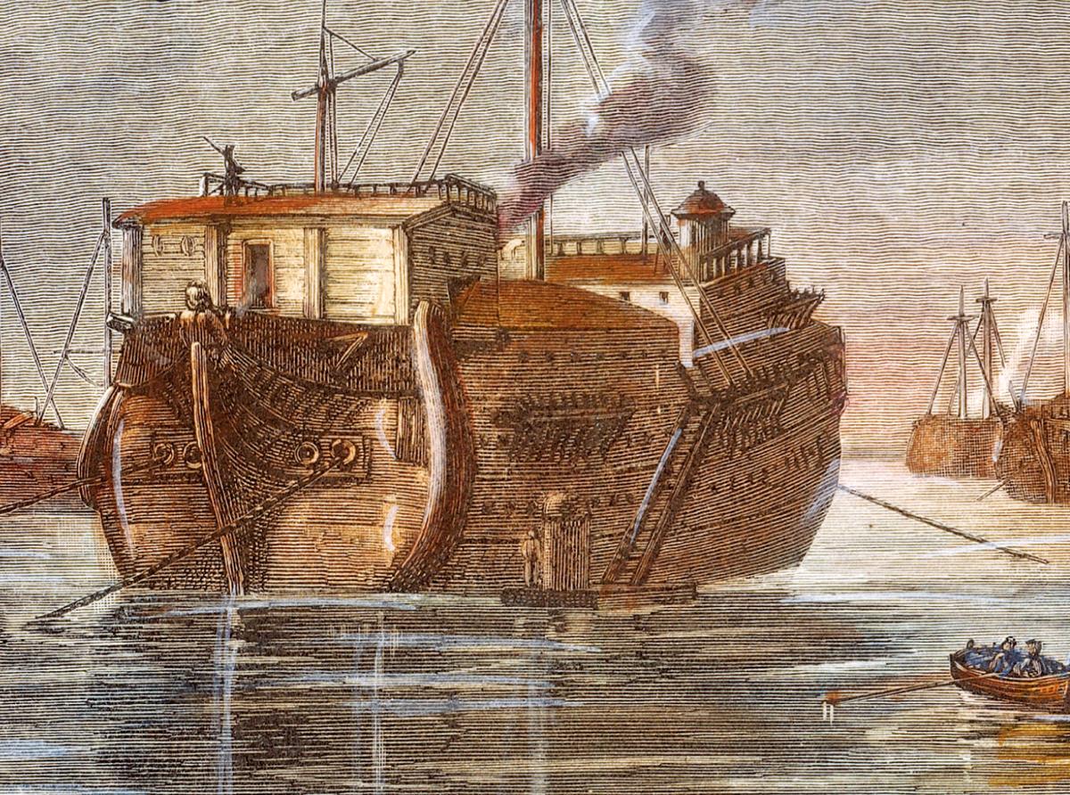 an image of the prison ship in yellow with black ink lines in the drawing