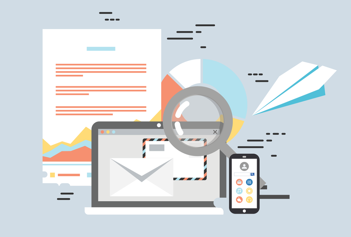 graphic of magnifying glass over a computer screen, smart phone, pie chart, and page with abstract depiction of text and graph