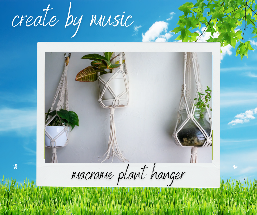 A picture of pots held by macrame set against a blue sky background, grass, and a tree.
