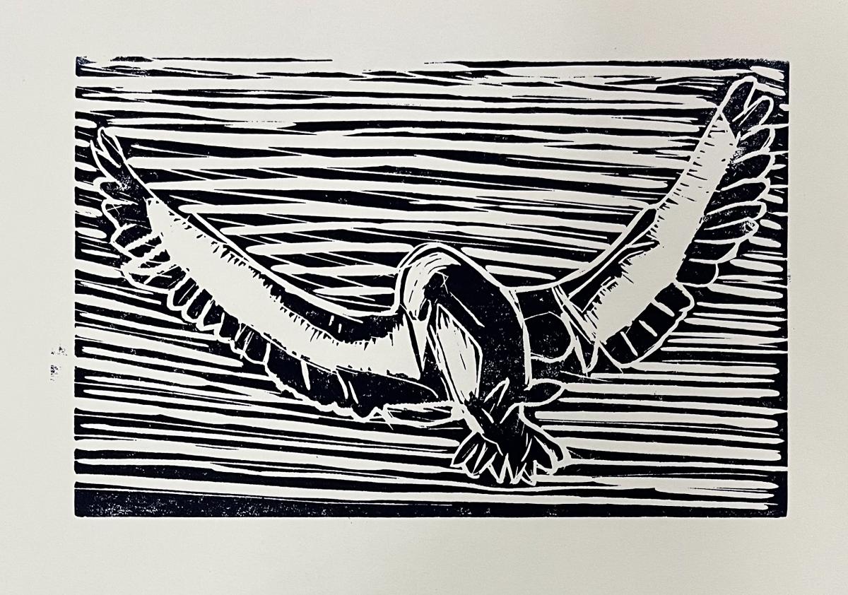 Student Linocut of bird flying