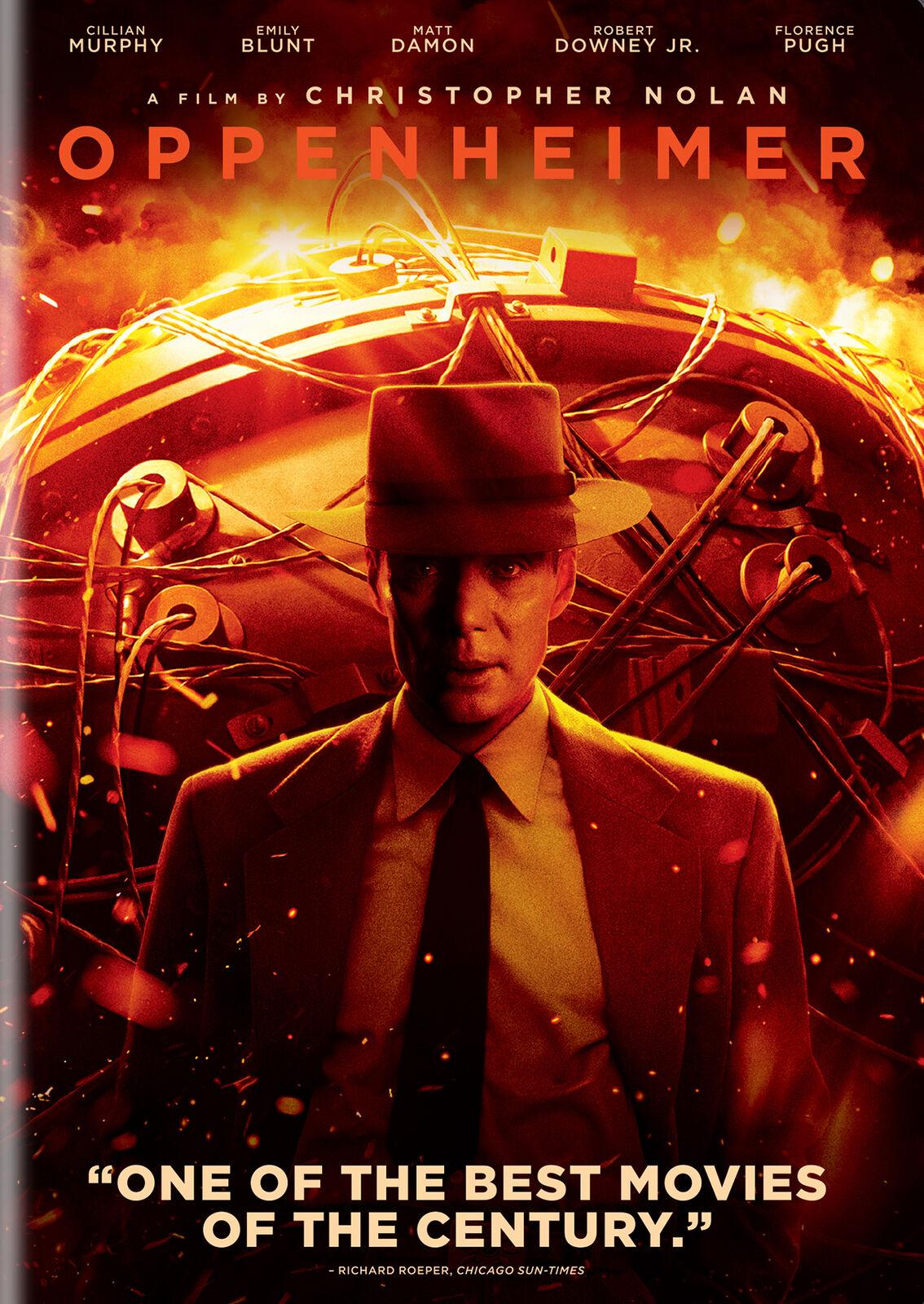 Oppenheimer DVD cover in oranges and yellows featuring the actor who plays Oppenheimer