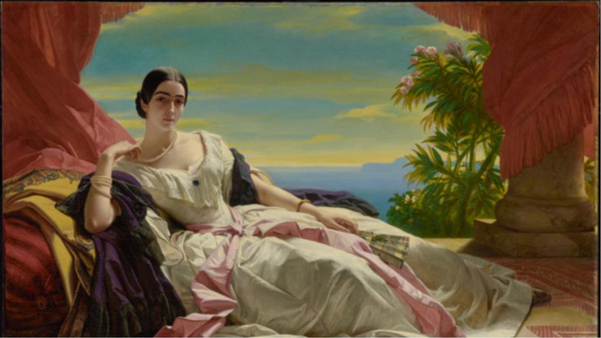 A painting of a woman reclining, wearing a pearl necklace.