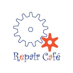 White gear and orange gear together, with the words "Repair Cafe"